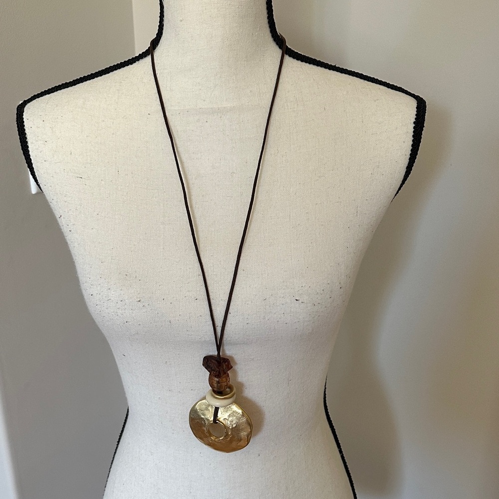 Boho Long Brown Cord Hammered Gold Donut Pendant Necklace Beaded